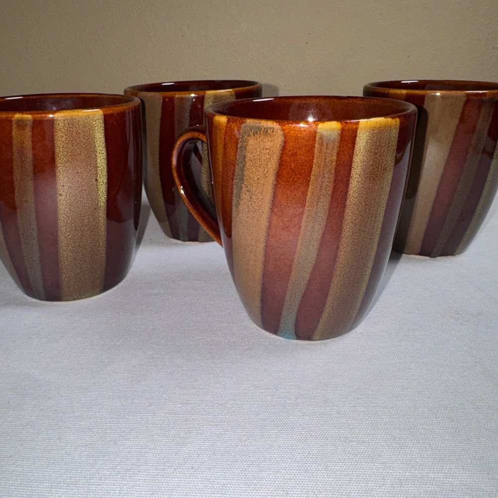 Sango Avanti Brown 4722 Stoneware Coffee Mugs Set of 4 Striped Earth Tones 12oz
